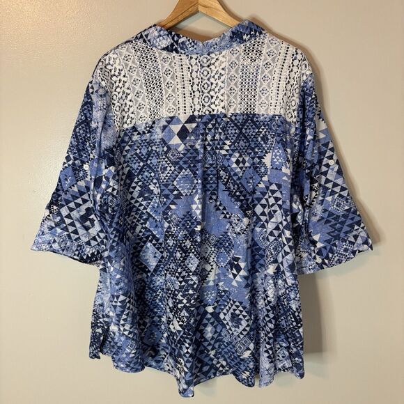 Catherines Blue Button Up Top Geometric Lace Back 3/4 Sleeve Shirt 3XW P… - Picture 5 of 7